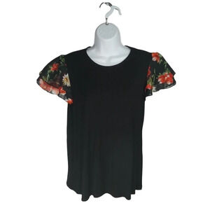 Faith and  Joy by Mondeau Top Layered Ruffle Capped Sleeves Floral Black M